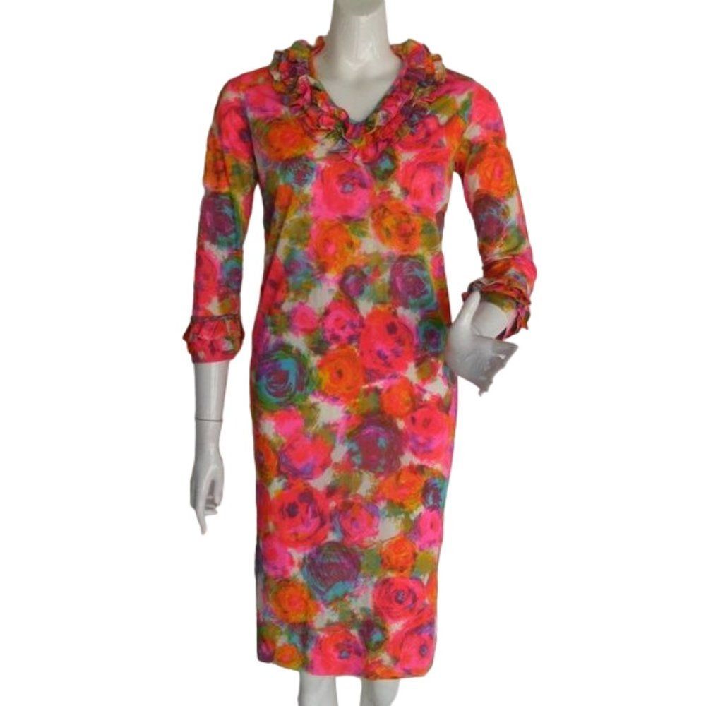 60's Vintage Dress, XS/S, Bright color, Ruffle neck/Cuffs, Abstract Floral - Picture 1 of 10